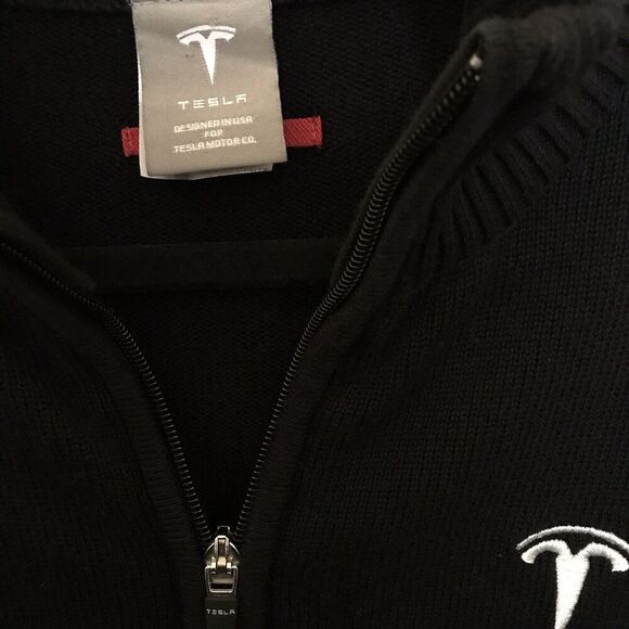 Tesla Embroidered White Logo Black Quarter 1/4 Zip Sweater Medium Knit Mock Neck - Picture 3 of 9